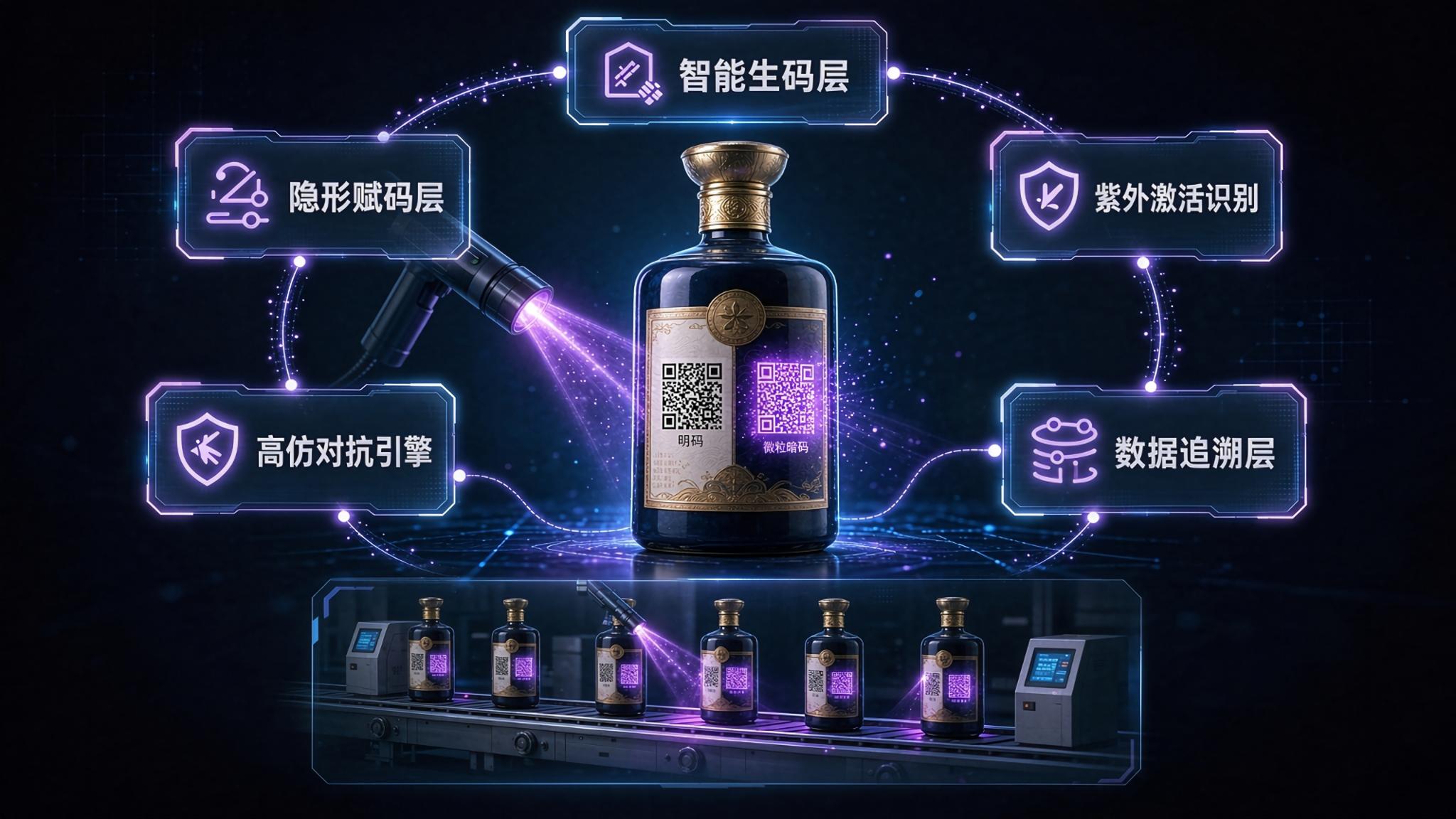微粒暗码系统架构图:智能生码-隐形赋码-紫外激活-高仿对抗-数据追溯